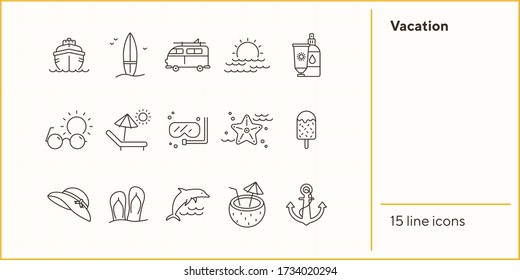Vacation line icon set. Sunscreen lotion, sun bed, diving. Seaside concept. Can be used for topics like tropical resort, summer activities, holidays