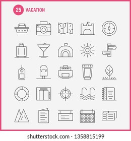 Vacation Line Icons Set For Infographics, Mobile UX/UI Kit And Print Design. Include: Picnic, Summer, Vacation, Building, Vacation, City, Flag, Board, Icon Set - Vector