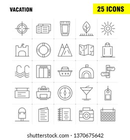 Vacation Line Icons Set For Infographics, Mobile UX/UI Kit And Print Design. Include: Picnic, Summer, Vacation, Building, Vacation, City, Flag, Board, Icon Set - Vector