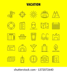 Vacation Line Icons Set For Infographics, Mobile UX/UI Kit And Print Design. Include: Picnic, Summer, Vacation, Building, Vacation, City, Flag, Board, Icon Set - Vector