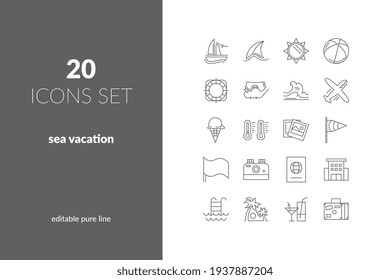 Juego de iconos lineales de vacaciones. Descanse junto al mar, el servicio y el descanso en la playa. Ilustraciones vectoriales
