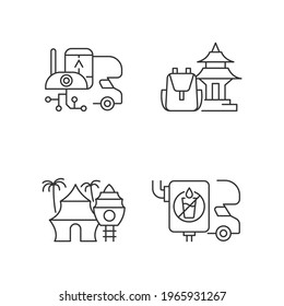 Vacation linear icons set. RV electronics. Trailer device. Spiritual nomad. Resort hotel. Van water tank. Customizable thin line contour symbols. Isolated vector outline illustrations. Editable stroke