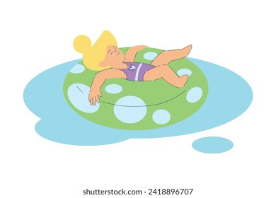 Vacation with Little Girl Character Floating on Rubber Ring Enjoying Seaside Rest Vector Illustration