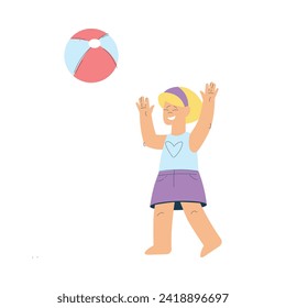 Vacation with Little Girl Character Playing Ball Enjoying Seaside Rest Vector Illustration