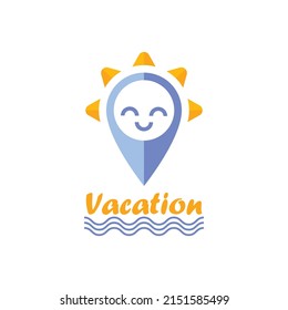Vacation Location Marker Icon. Cheerful Smile Character. Summer Vacation Concept Of Sun, Sea, Waves. GPS Map Pointer Icon. Location Pin Icon. Vector Illustration