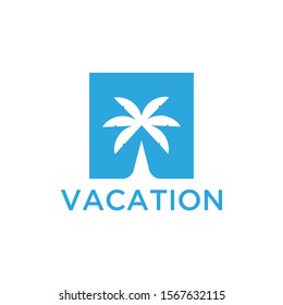 Vacation logo design template. Green palm inn seaside. The concept for travel agency, tropical resort, beach hotel, spa. Summer vacation symbol.