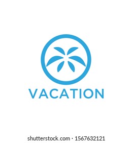 Vacation logo design template. Green palm inn seaside. The concept for travel agency, tropical resort, beach hotel, spa. Summer vacation symbol.