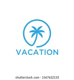 Vacation logo design template. Green palm inn seaside. The concept for travel agency, tropical resort, beach hotel, spa. Summer vacation symbol.