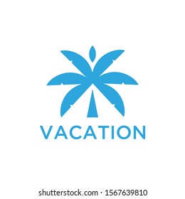 Vacation logo design template. Green palm inn seaside. The concept for travel agency, tropical resort, beach hotel, spa. Summer vacation symbol.