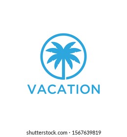 Vacation logo design template. Green palm inn seaside. The concept for travel agency, tropical resort, beach hotel, spa. Summer vacation symbol.