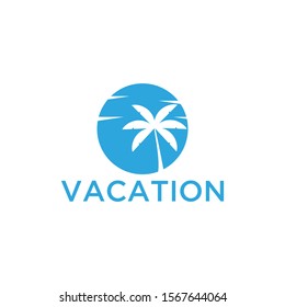 Vacation logo design template. Green palm inn seaside. The concept for travel agency, tropical resort, beach hotel, spa. Summer vacation symbol.