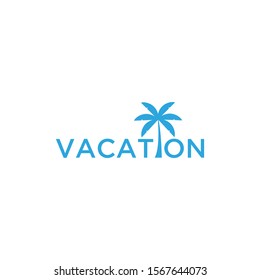 Vacation logo design template. Green palm inn seaside. The concept for travel agency, tropical resort, beach hotel, spa. Summer vacation symbol.