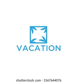 Vacation logo design template. Green palm inn seaside. The concept for travel agency, tropical resort, beach hotel, spa. Summer vacation symbol.