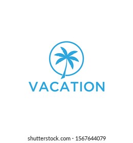 Vacation logo design template. Green palm inn seaside. The concept for travel agency, tropical resort, beach hotel, spa. Summer vacation symbol.