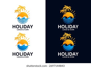 Vacation logo icon design vector with swimming person symbol with palm tree, Beach logo design vector concept