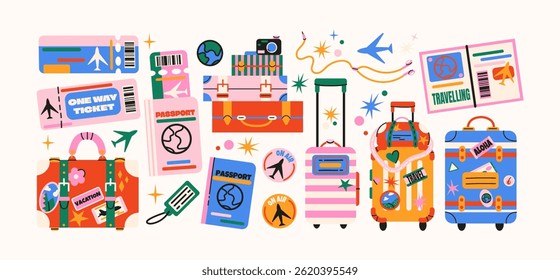 Vacation luggage elements in retro cartoon style. Travel items: suitcases, passports, tickets. Illustration in funky doodle style, trendy sticker set