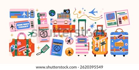 Vacation luggage elements in retro cartoon style. Travel items: suitcases, passports, tickets. Illustration in funky doodle style, trendy sticker set
