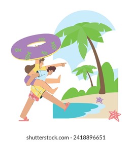 Vacation with Man Carry Woman on Back Enjoying Seaside Rest Vector Illustration