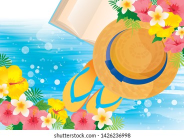 Vacation at mid summer resort with hibiscus, beach sandals and straw hat
