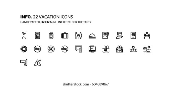 Vacation mini line, illustrations, icons, backgrounds and graphics. The icons pack is black and white, flat, vector, pixel perfect, minimal, suitable for web and print.