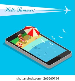 Vacation with mobile phone concept. Touch screen smart phone with different accessories for vacation. Flat style vector illustration