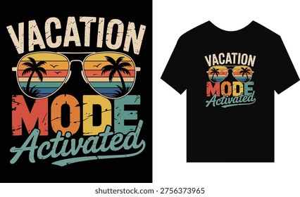 Vacation mode activated sunglasses with palm trees and sunset