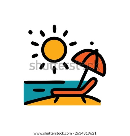 Vacation mode beach scene with sun, umbrella, chair. Perfect for travel brochures, summer advertisements, or holiday website banners.