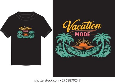 Vacation mode t-shirt design featuring palm trees a hammock and a beautiful sunset over the sea
