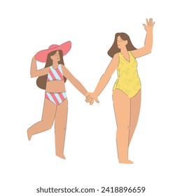 Vacation with Mom and Daughter in Swimsuit Hold Hands Enjoying Seaside Rest Vector Illustration