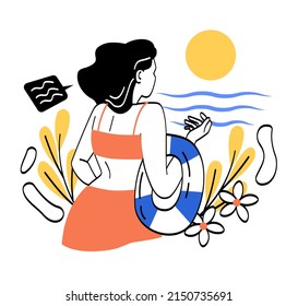Vacation mood concept. Back of young girl in orange swimsuit looking into ocean or sea. Holidays in tropical or exotic countries. Travel, trip and adventure. Cartoon flat vector illustration