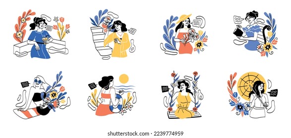 Vacation mood concept. Set of cute women lying on beach by sea, drinking cocktail, reading book and picking flowers. Rest and relaxation. Cartoon flat vector collection isolated on white background