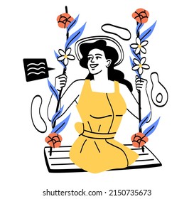 Vacation mood concept. Young girl in yellow dress swings on flower swing. Love for nature, flora, plants. Holidays in exotic countries in summer or spring season. Cartoon flat vector illustration