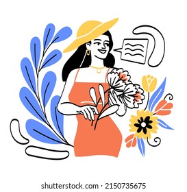 Vacation mood concept. Young girl in red dress holding flowers. Romantic gifts and bouquet for your beloved woman. Holidays and holidays in tropical countries. Cartoon flat vector illustration