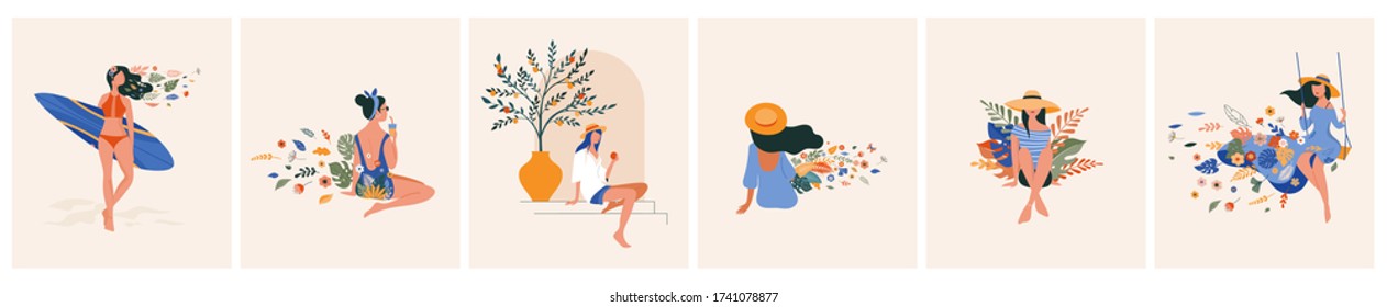 Urlaubsstimmung, feminine Concept Illustration, schöne Frauen in verschiedenen Situationen, am Strand, sitzen am Pool, Bücher lesen. Flachstil-Vektordesign