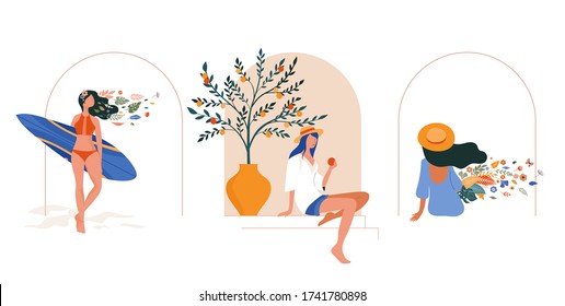 Vacation mood, feminine concept illustration, beautiful women in different situations, on the beach, sitting near the pool, reading books. Flat style vector design