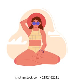 Vacation mood, feminine concept illustration, beautiful women in different situations, on the beach, sitting near the pool, reading books. Flat style vector design
