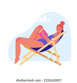 Vacation mood, feminine concept illustration, beautiful women in different situations, on the beach, sitting near the pool, reading books. Flat style vector design