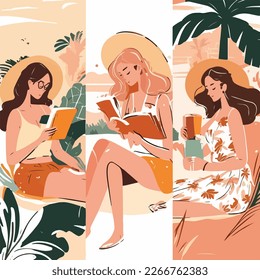 Vacation mood, feminine concept illustration, beautiful women in different situations, on the beach, sitting near the pool, reading books. Flat style vector, no tect 