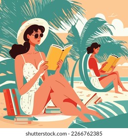 Vacation mood, feminine concept illustration, beautiful women in different situations, on the beach, sitting near the pool, reading books. Flat style vector, no tect 