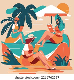 Vacation mood, feminine concept illustration, beautiful women in different situations, on the beach, sitting near the pool, reading books. Flat style vector, no tect 