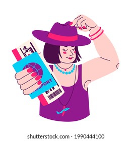 Vacation mood. Young woman in hat with passport and boarding pass in hand. Happy person before going on vacation. Flat vector illustration