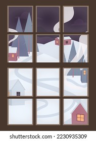 Vacation in the mountains inside the warm cozy house looking through the window. Winter night landscape snow, houses and trees. Hygge village house. Forest background ski resort. Vector illustration.