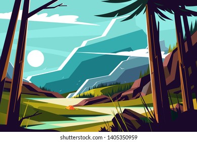 Vacation in mountains vector illustration. Picturesque landscape with nice hills beautiful river and trees flat style design. Travelling and holidays concept