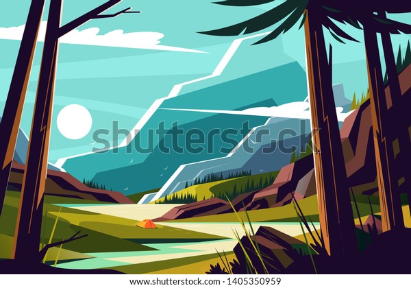 山での休暇のベクターイラスト 美しい丘と木々の平らなデザインを持つ美しい風景 旅行と休日のコンセプト のベクター画像素材 ロイヤリティフリー