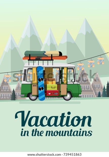 Vacation in the mountains. Weekend in the mountains.\
Car ride on vacation in the mountains. Flat style. Flat design.\
Vector illustration Eps10\
file