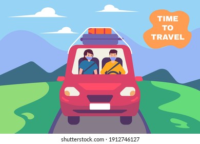 Vacation In New Normal Vector Concept: Young Couple Doing Travel Together With Car While Wearing Face Mask