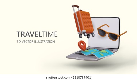 Vacation on another continent. Remote purchase of flight tickets. Online flight search. Acquaintance with conditions of baggage transportation. Advertising poster with text part and 3D illustration