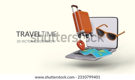 Vacation on another continent. Remote purchase of flight tickets. Online flight search. Acquaintance with conditions of baggage transportation. Advertising poster with text part and 3D illustration
