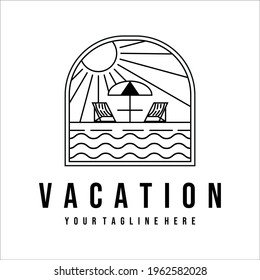 vacation on the beach logo line art illustration template design. tropical island with terrace cafe summer logo line art with badge concept design