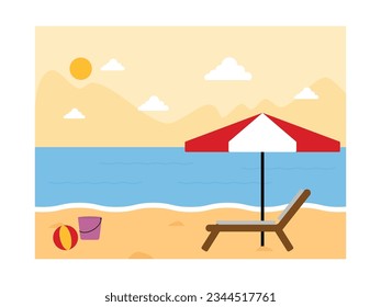 Vacaciones en la playa con vistas a la montaña, tumbonas, sombrillas, pequeños baldes y bolas para jugar, ilustración de verano.